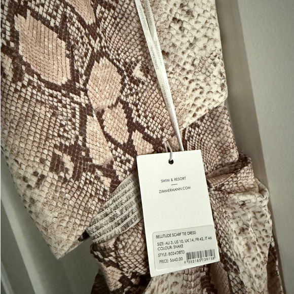 Zimmermann 3 Bellitude $640 LINEN Python Snake Print Midi Dress Neutral Tan 10 L - Picture 3 of 16